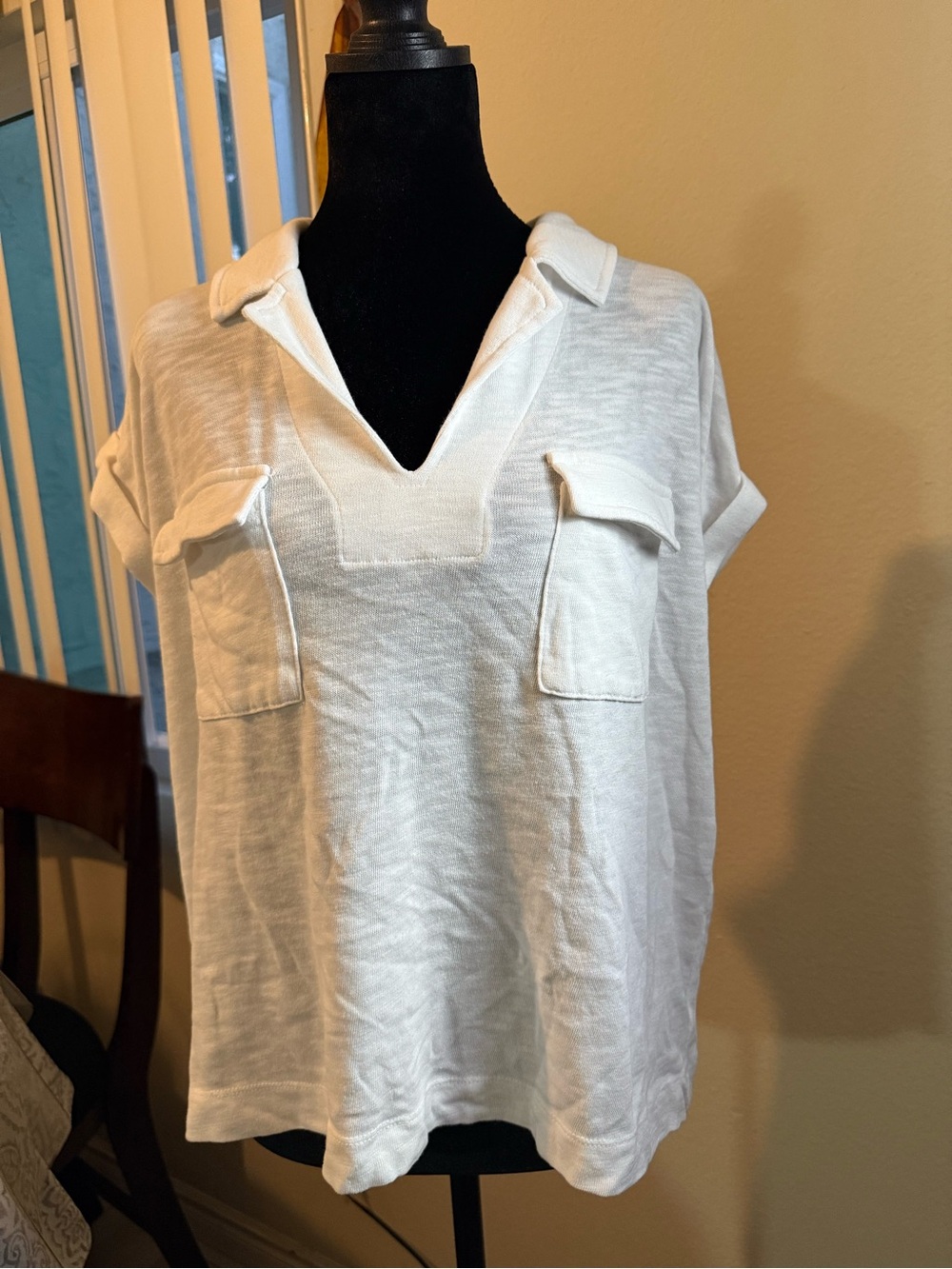 LOFT White V-Neck Short Sleeve Pocket Shirt